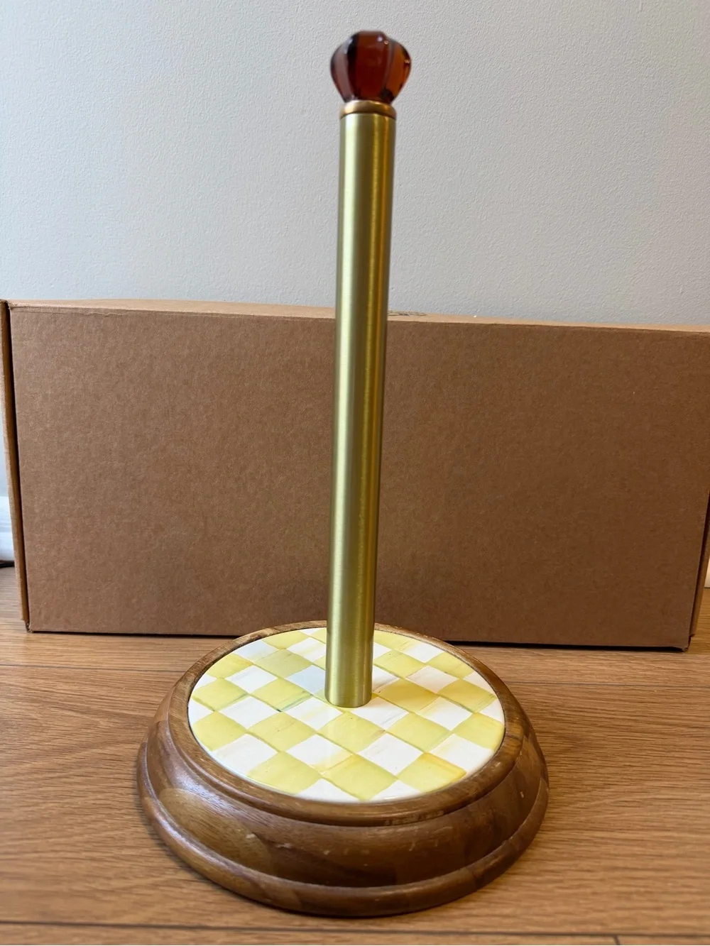MacKenzie-Childs Parchment check Paper Towel Holder Wood Base